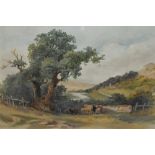 20th Century School, oil painting, A pastoral landscape depicting cattle sheltering under a tree