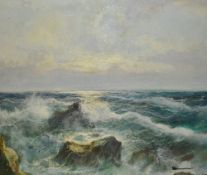 20th Century British School, oil on canvas, A rocky and coastal landscape, signed indistinctly to