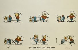 'Joon' (20th Century), coloured print, 'The Kick Turn And Push Start', a caricature of skiing,