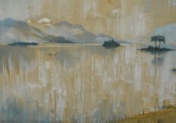 Donald Hughes (20th Century), mixed media - watercolour & gouache, A landscape depicting lake with