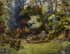 An interesting mid-century oil on board with impasto, depicting stepping stones across a garden
