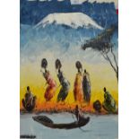 20th Century African School, oil on canvas, Two African landscapes with Masai figures and water