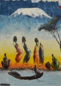 20th Century African School, oil on canvas, Two African landscapes with Masai figures and water