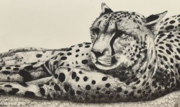 After Helene Burrow (20th Century), monochrome print, 'Cheetah', limited edition 4/200, framed,
