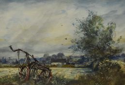 Cecil J Thornton (British 1911-2001) watercolour, agricultural scene with abandoned tiller, signed