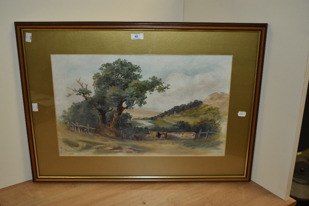 20th Century School, oil painting, A pastoral landscape depicting cattle sheltering under a tree - Image 2 of 4