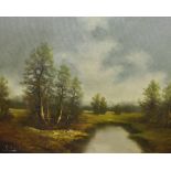 Wilhelm Koenig (20th Century, Austrian), oil on board, An atmospheric, wooded landscape with marsh