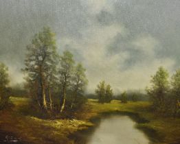 Wilhelm Koenig (20th Century, Austrian), oil on board, An atmospheric, wooded landscape with marsh