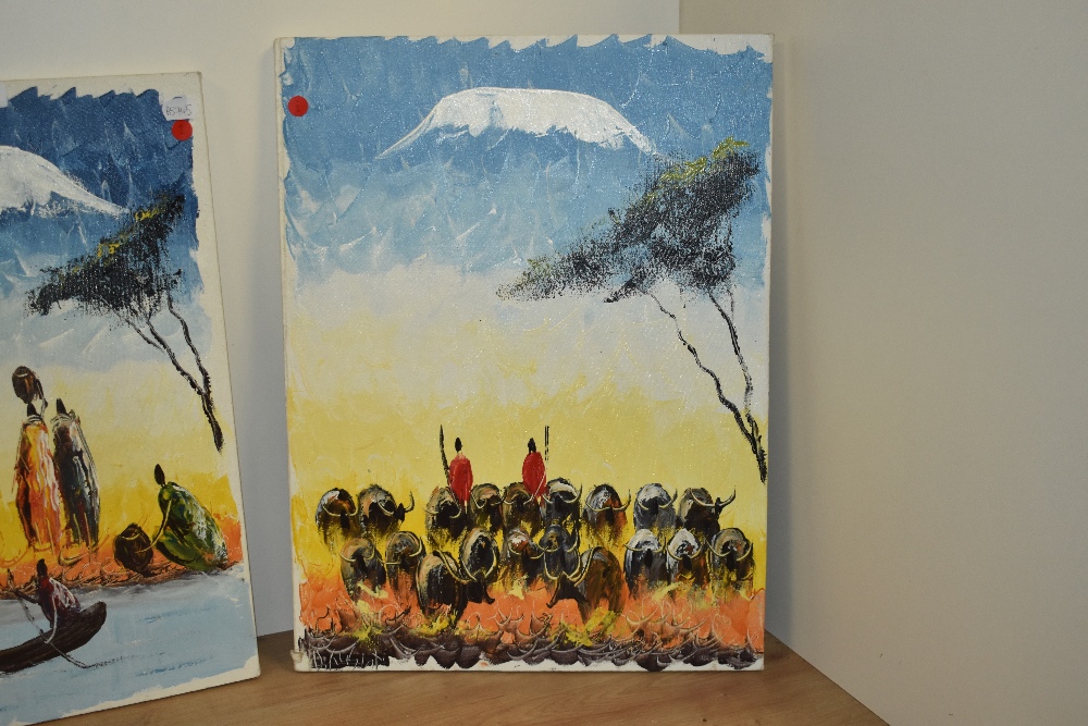 20th Century African School, oil on canvas, Two African landscapes with Masai figures and water - Image 3 of 5
