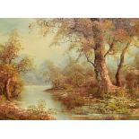 'Irene Cafieri' (20th Century), oil on canvas, An autumnal woodland landscape with river to the