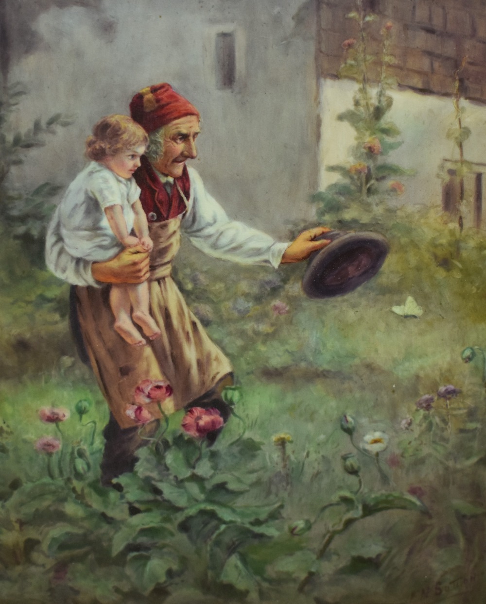 After Luigi Bechi (1830-1919), gouache, 'Grandpa's Love', a genre painting depicting a peasant and