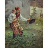 After Luigi Bechi (1830-1919), gouache, 'Grandpa's Love', a genre painting depicting a peasant and