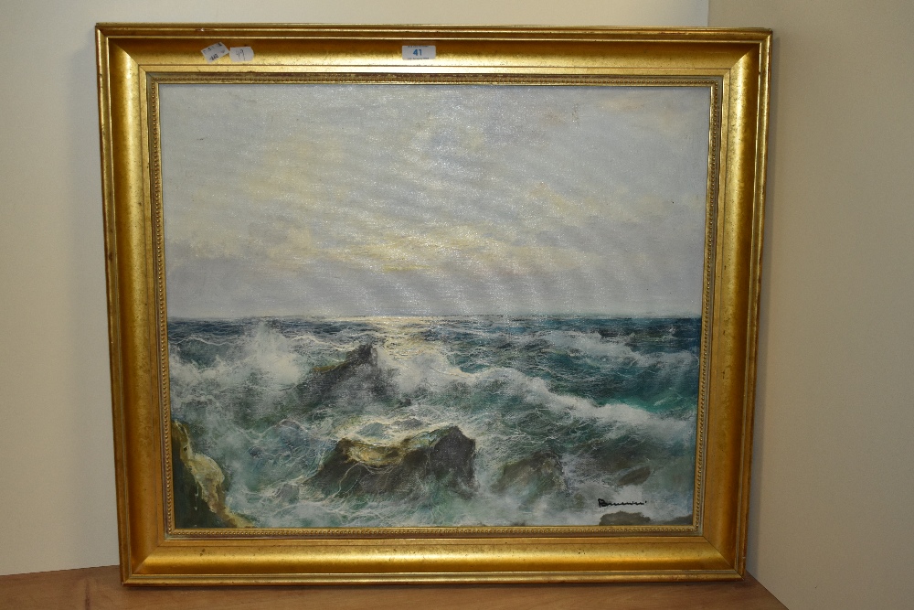 20th Century British School, oil on canvas, A rocky and coastal landscape, signed indistinctly to - Image 2 of 4