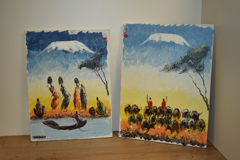 20th Century African School, oil on canvas, Two African landscapes with Masai figures and water - Image 2 of 5