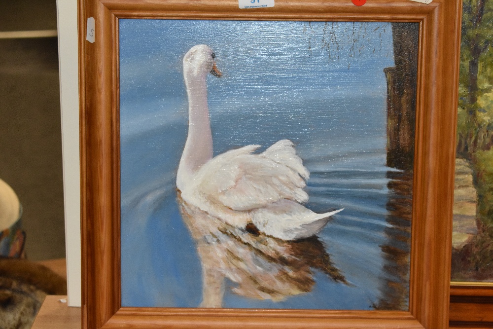 20th Century School, oils on board, Two late 20th Century studies, 'Swan On Urswick Tarn', by Anne - Image 2 of 5