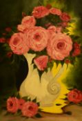 'Jonny J.' (20th Century), mixed media, A still life arrangement depicting pink roses within a