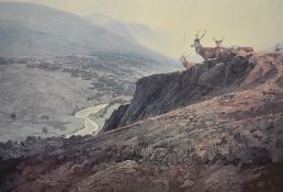 Alan B. Hayman (b.1947, Scottish), coloured print, Stags on the hill, 'Glen Lyon', Scotland,