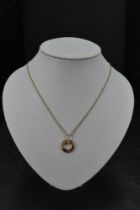 A fancy sapphire multi coloured pendant of circular form in a 14ct gold mount on a 9ct gold chain,