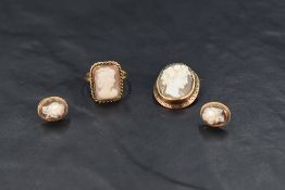 Three pieces of cameo jewellery including earrings, ring and brooch
