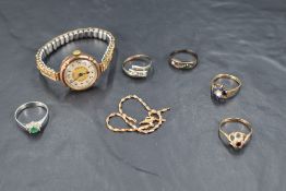 A small selection of 9ct gold and yellow metal including vintage wrist watch, broken chain,