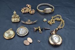 A leather bound trinket box containing a selection of rolled gold jewellery including small half