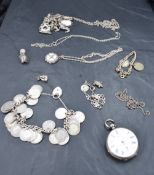 A selection of silver and white metal jewellery including pocket watch, pendants, coin bracelet etc