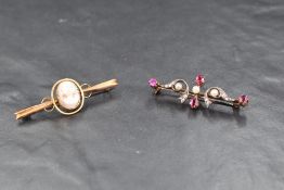 A yellow metal bar brooch having diamond, ruby and seed pearl decoration, no marks and another bar
