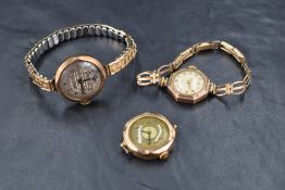 Three ladies 9ct gold vintage wrist watches, all having Arabic numeral faces and gold cases with