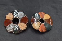 Two Scottish/Celtic white metal and mixed agate target brooches of circular form, both having slight