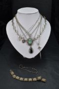 Six silver necklaces and pendants including onyx, polished stone, st Christopher etc and two