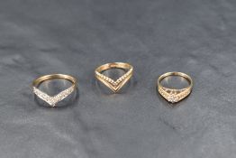Three 9ct gold rings, including two wishbone and a diamond chip solitaire, sizes E & O and approx