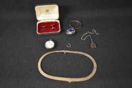 A small selection of silver and white metal jewellery including a collarette, cufflinks, bangle,