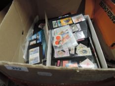 BOX OF MIXED STAMP COLLECTIONS, LOOSE, ETC ALL ERAS SEEN, M & U Box with various albums and