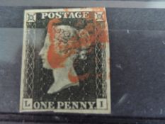 GB 1840 ID PENNY BLACK, 4 MARGINS, CORNER LETTERS LI WITH RED MALT X CANCEL 1D black with four