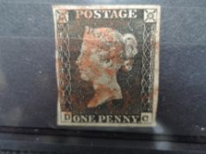 GB 1840 ID PENNY BLACK, 4 MARGINS, CORNER LETTERS DC WITH RED MALT X CANCEL 1D black with four