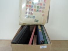 BOX WITH 7 WORLD STAMP COLLECTIONS SOLD AS ONE LOT Box with 7 folders/albums, and sleeve of world