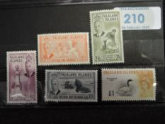 FALKLAND ISLANDS GVI/QEII RANGE OF 5 HIGH VALUES TO £1 ALL UNMOUNTED MINT 4 GVI values 1/3-10/- from