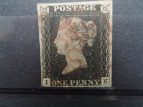 GB 1840 1D PENNY BLACK, 4 MARGINS, CORNER LETTERS IK WITH RED MALT X CANCEL 1D black with four