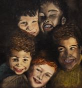 20th Century School, watercolour, 'Happiness', Children smiling, framed and under glass, measuring