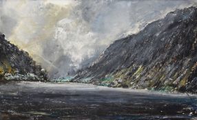 20th Century School, oil on board, An atmospheric lake landscape, with expressive brush strokes,