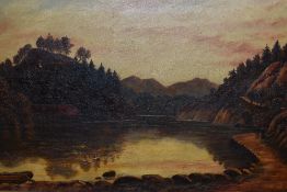 19th Century British School, oil on canvas, Two traditional landscapes depicting a lake with