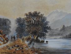 F.H. Knowles (19th/20th Century, British), watercolour, Figures on an autumnal lakeside path, signed