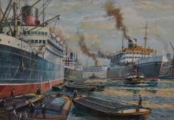 Will H. Maile (20th Century), watercolour and gouache, A harbour landscape with ocean liners, signed