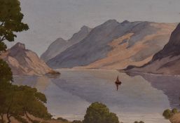 20th Century British School, watercolour, Crummock Water, in the style of Len Roope (1917-2005,