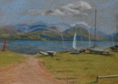 C. Rogers (20th Century, British), chalk study, A lake landscape with yachts, signed to the lower