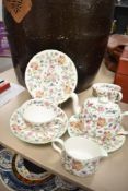 A small lot of Minton 'Haddon Hall' including pint teapot, cup, saucer, jug, plate and sugar.