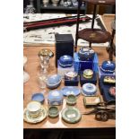 A collection of Wedgwood Jasperware trinket boxes, pin dishes and pinch pots, and similar Old Tupto