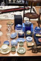 A collection of Wedgwood Jasperware trinket boxes, pin dishes and pinch pots, and similar Old Tupto