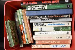 A box of books, of horse racing and equestrian interest.