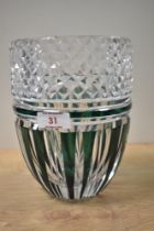 An Art Deco Val St Lambert crystal glass vase, with green overlay, measuring 20cm tall